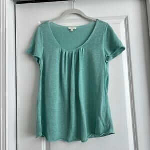 Eileen Fisher 100% Linen Knit Top Aqua Blue Green Short Sleeve Scoop Neck Medium